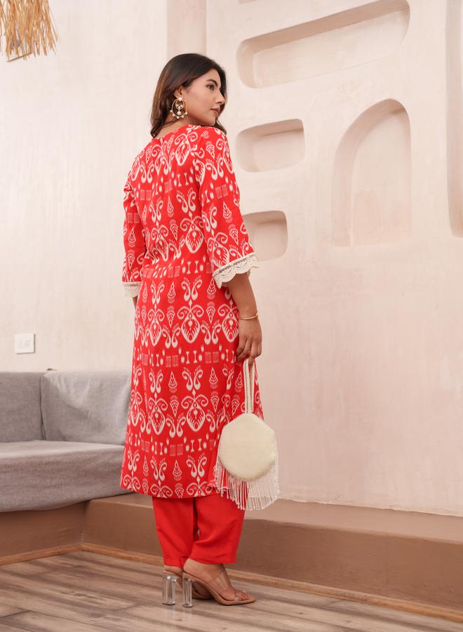 DW Women Ethnic Motif Print V Neck Straight Kurta and Trousers Co-Ords - Image 2